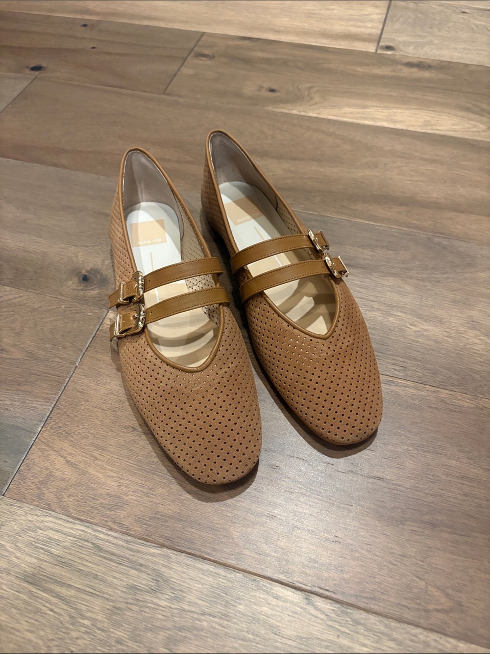Dolce Vita Tan Perforated Double-Buckle Mary Jane Flats